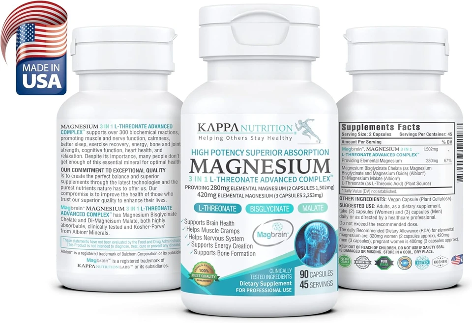 Kappa Nutrition Magbrain L-Threonate Plant-Based Magnesium Biocomplex  90 Capsules  2,253 Mg Per Serving  Provides 420 Mg Elemental Magnesium