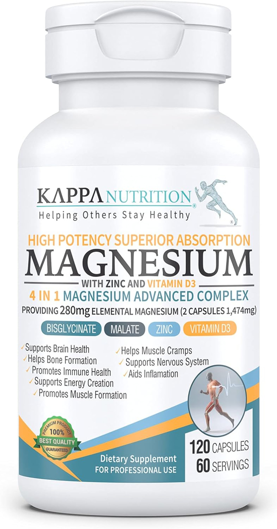 Kappa Nutrition, Magnesium Glycinate, Bisglycinate, Malate, Zinc, Vitamin D3, Supports Brain, Sleep, Cramps, Headaches, Energy, Bones, Immune, Providing 280Mg Elemental Magnesium, (120 Capsules)
