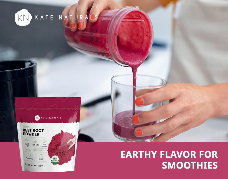 Kate Naturals Organic Beet Root Powder For Smoothies, Baking & Juice. Raw Beetroot Superfood & Natural Red Food Coloring (12Oz, Non-Gmo, Earthy Flavor)