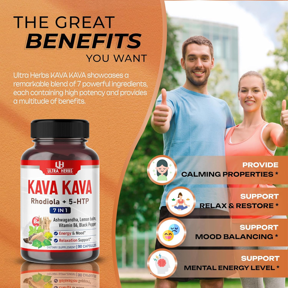 Kava Kava Capsules Supplement - Formula Enriched With Ashwagandha, 5-Htp, Rhodiola, Lemon Balm, Support Mood, Calm & Relaxation | 90 Capsules