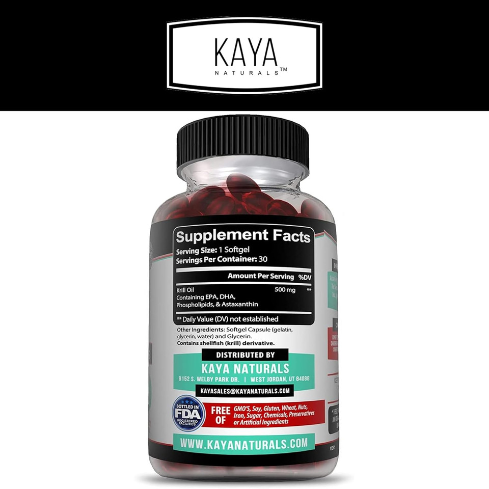 Kaya Naturals - Antarctic Krill Oil 500Mg With Omega 3, Epa, Dha, Phospholipids & Astaxanthin Supplement - Brain & Health Vitamin - Anti Aging Supplement - 30 Count Softgels