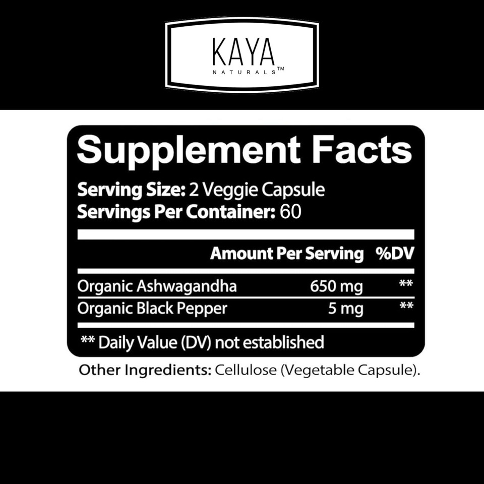 Kaya Naturals Ashwagandha 1300Mg, 120 Count Capsules For Stress Relief, Adrenal, Mood & Thyroid Support, Black Pepper And 100% Pure Ashwagandha -120 Capsules
