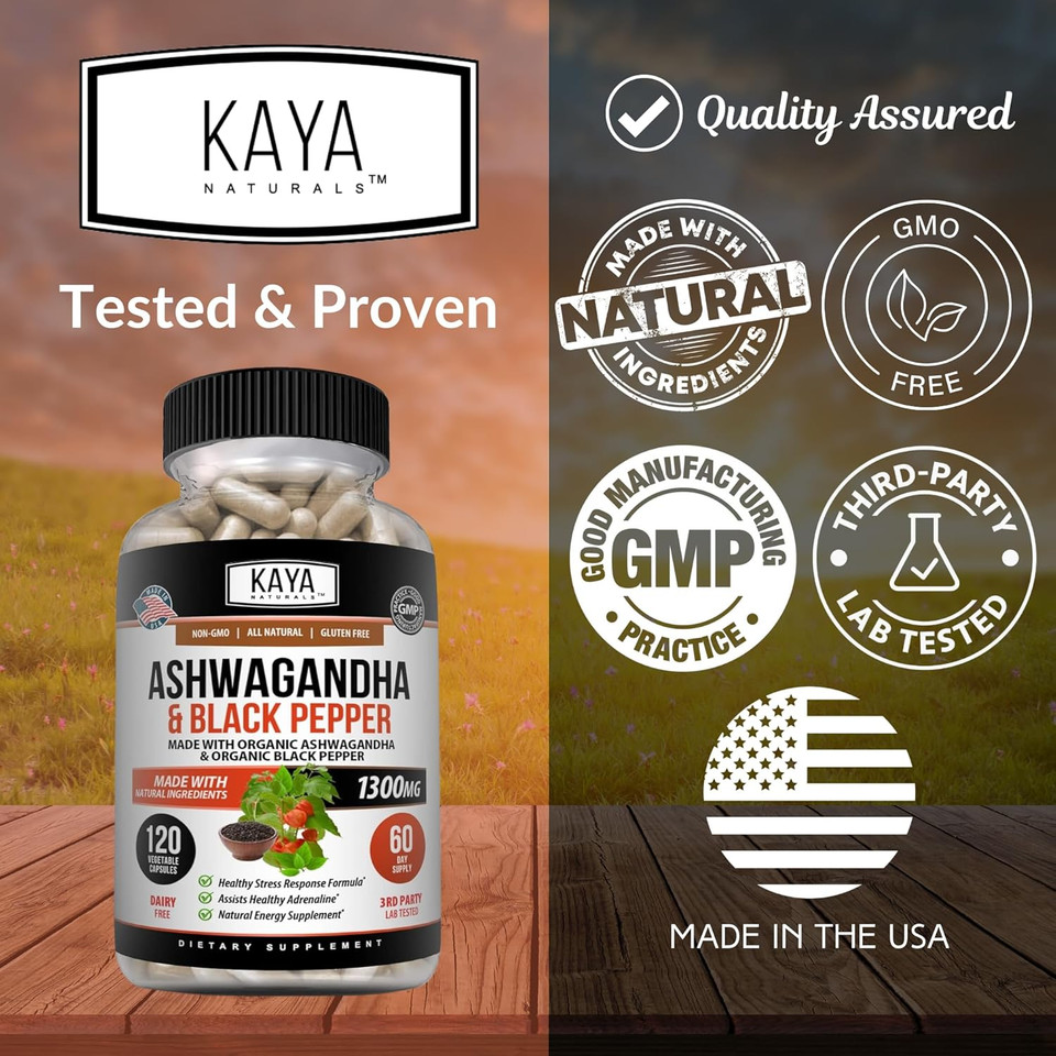 Kaya Naturals Ashwagandha Capsules Extra Strength - Stress Relief Formula, Natural Mood Support, Stress, Focus, And Energy Support Supplement, 60 Capsules
