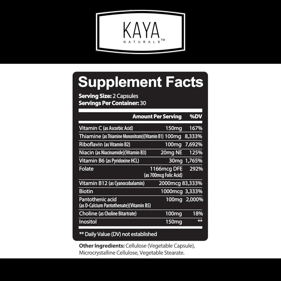 Kaya Naturals B-12 Complex | Multivitamin Supplement For Women & Men Energy And Metabolism Booster | B-Complex Vitamin With Biotin, Choline, Inositol, Folate, And Vitamin C - 30 Capsules