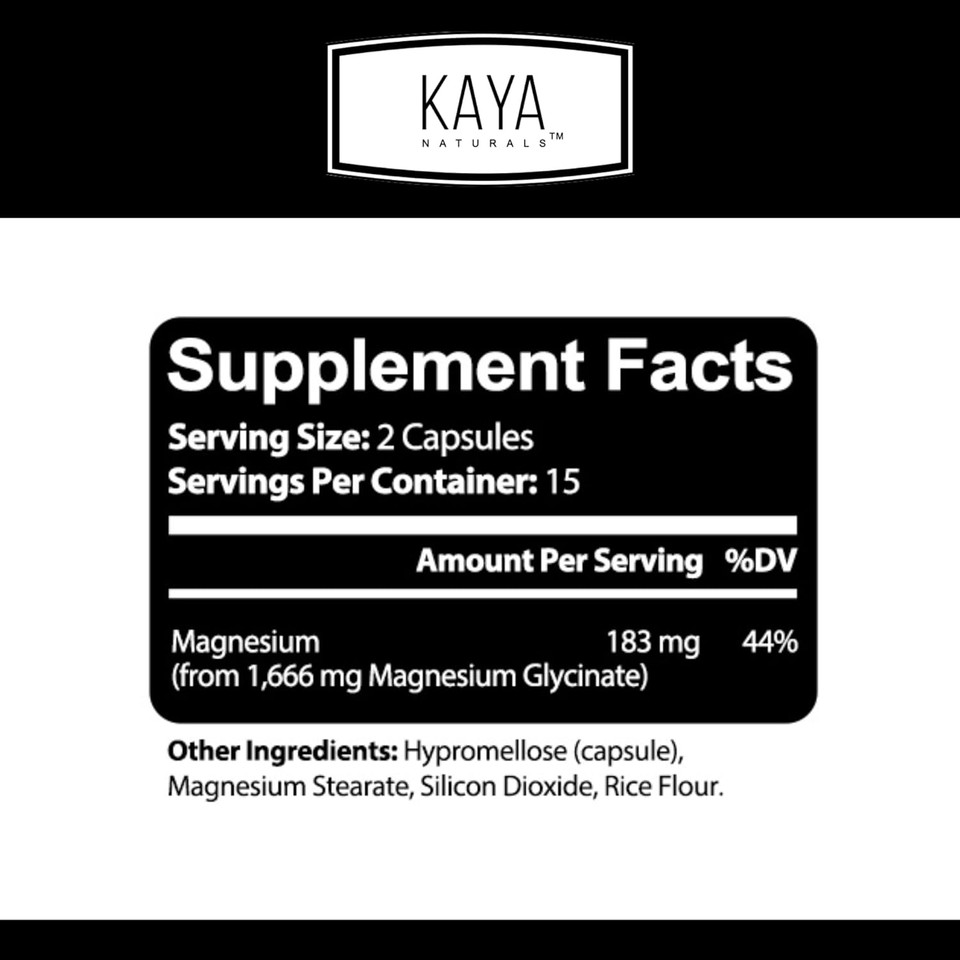 Kaya Naturals Magnesium Glycinate 183Mg Per Caps, Chelated For Maximum Absorption, Non-Gmo, No Gluten Dairy & Soy, Supports Muscle And Heart Health 60 Count
