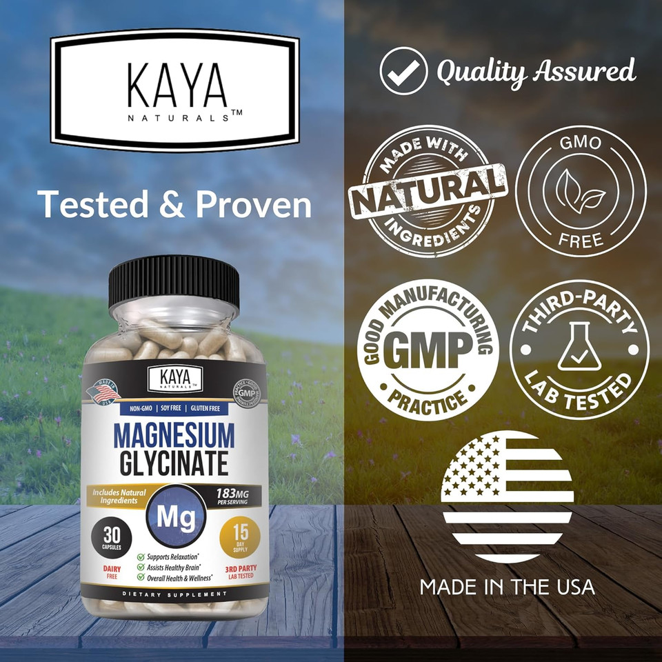 Kaya Naturals Magnesium Glycinate 183Mg Per Caps, Chelated For Maximum Absorption, Non-Gmo, No Gluten Dairy & Soy, Supports Muscle And Heart Health 60 Count