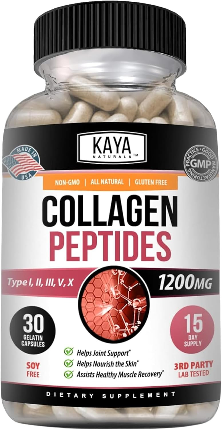 Kaya Naturals Multi Collagen Peptides Complex Powder For Women And Men, Types I, Ii, Iii, V & X | 180 Count Capsules