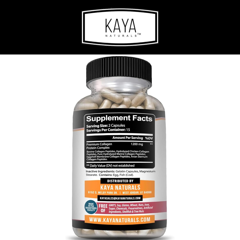 Kaya Naturals Multi Collagen Peptides Complex Powder For Women And Men, Types I, Ii, Iii, V & X | 180 Count Capsules