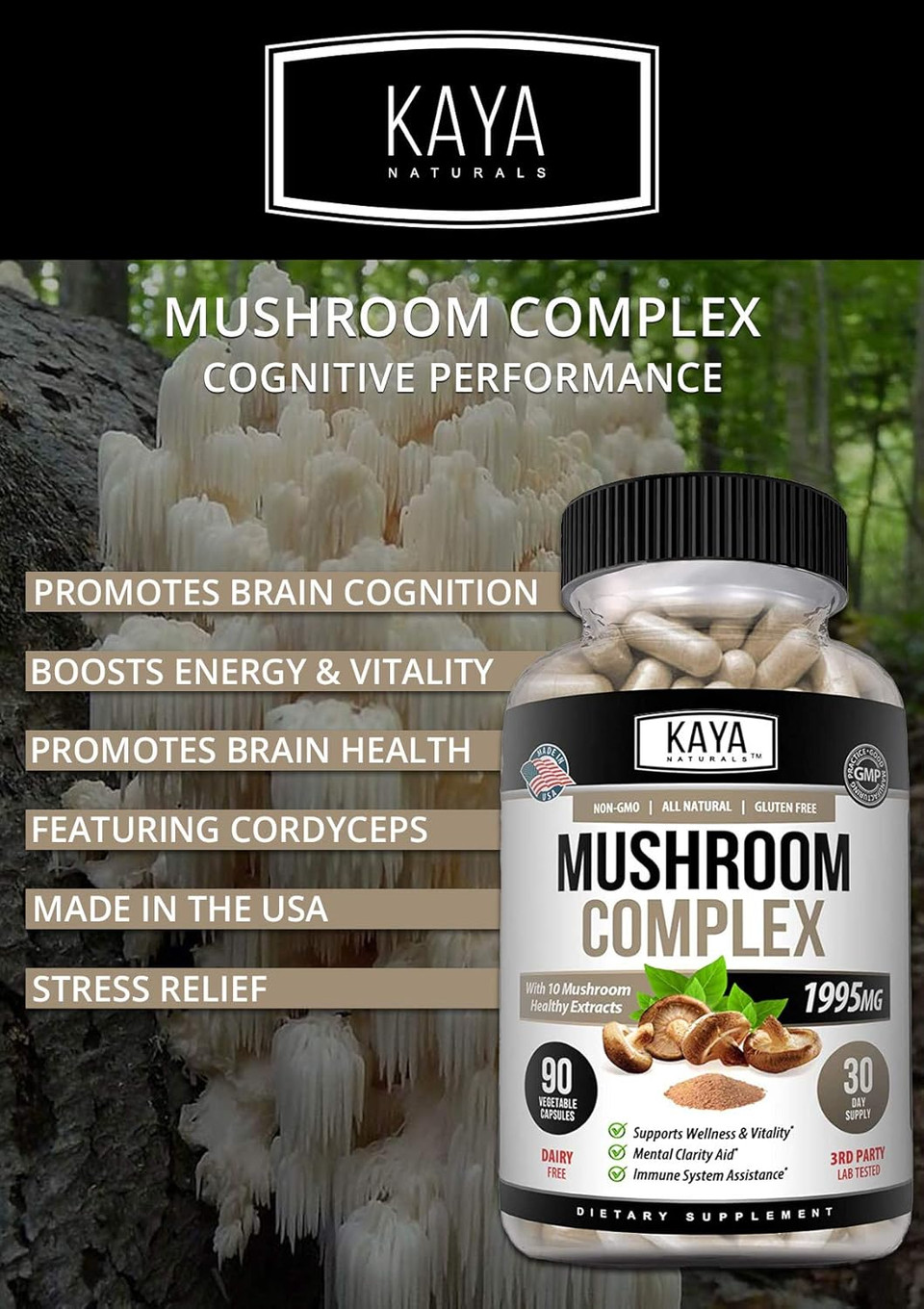 Kaya Naturals Premium Mushroom Complex Potent - Mushroom Complex Capsules 1995Mg Per Serving - Aids Mental Clarity Supports Immune System, Wellness & Vitality |-30 Count