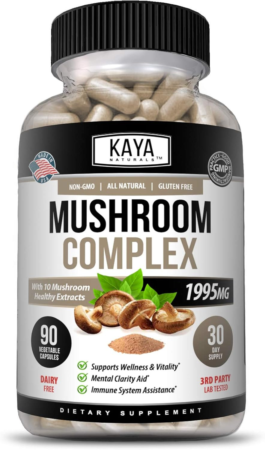 Kaya Naturals Premium Mushroom Complex Potent 1995Mg Per Serving  Wellness Support  Non-Gmo & Gluten-Free  90 Capsules
