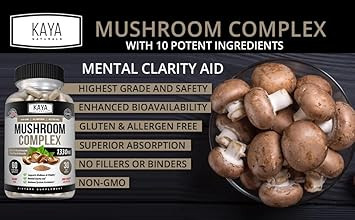 Kaya Naturals Premium Mushroom Complex Potent 1995Mg Per Serving  Wellness Support  Non-Gmo & Gluten-Free  90 Capsules