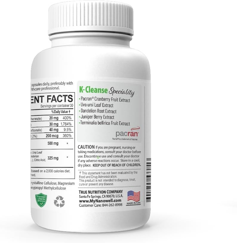 K-Cleanse - Kidney Cleanse Supplement With Pacran Cranberry Extract, Magnesium, Selenium, Vitamins B5 & B6-60 Capsules, 30 Day Supply