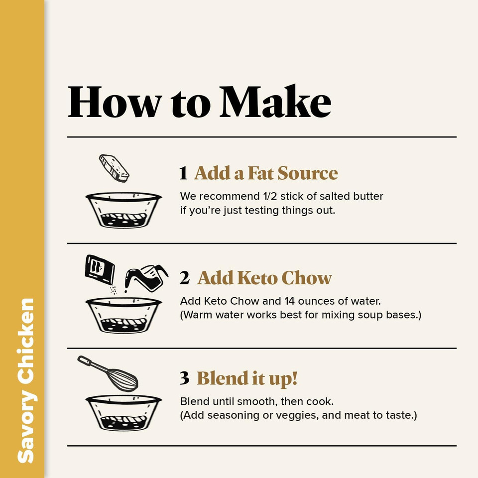 Keto Chow Savory Chicken | Keto Soup Base Powder | Nutritionally Complete | Low Carb | Protein Rich | You Choose The Fat | Single Meal