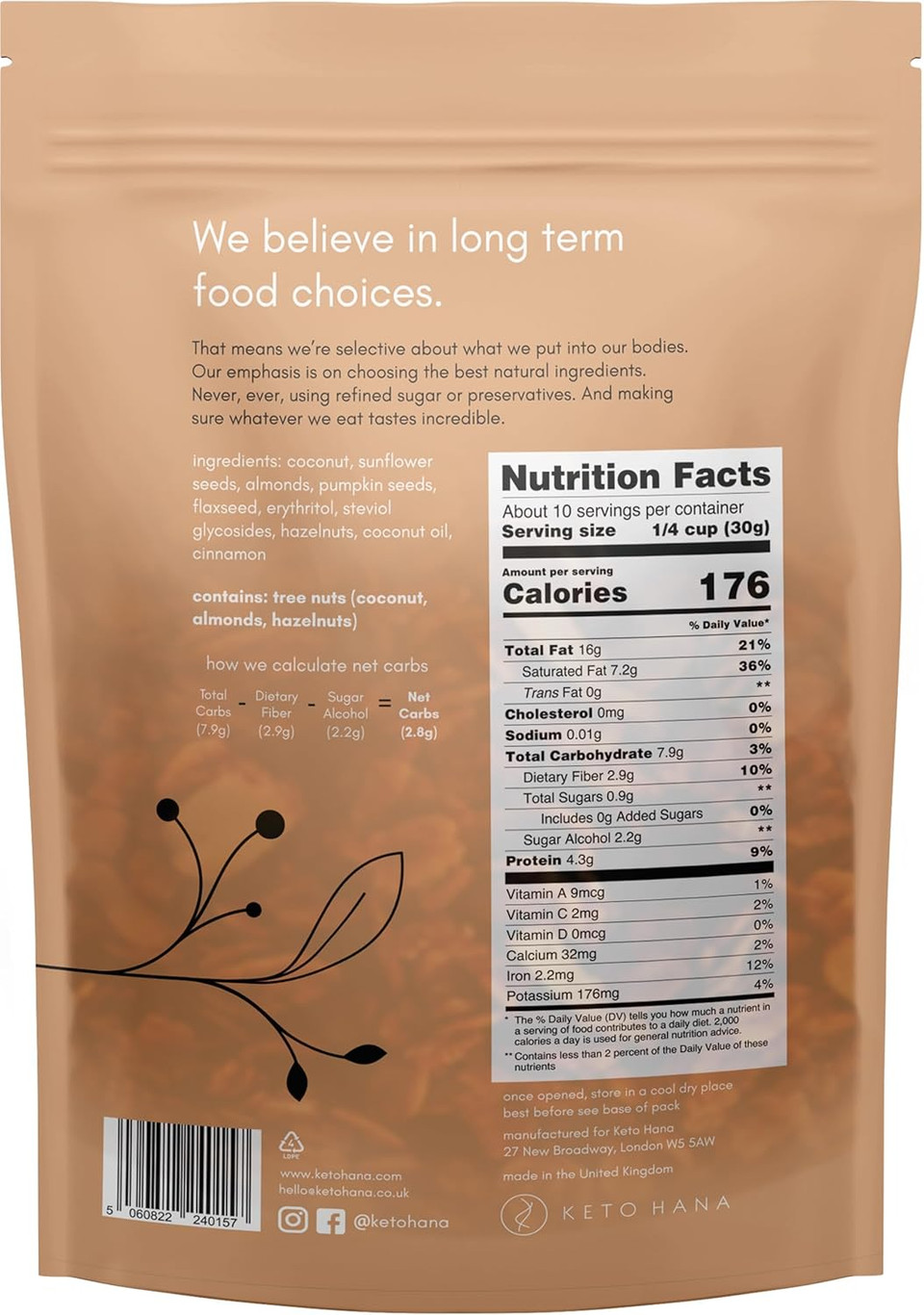 Keto Hana Cinnamon Keto Granola - Keto Diet - Vegan - Dairy Free - No Refined Sugars - Grain Free Granola - 2G Net Carbs Keto Cereal - Healthy Granola Cereal - 11Oz