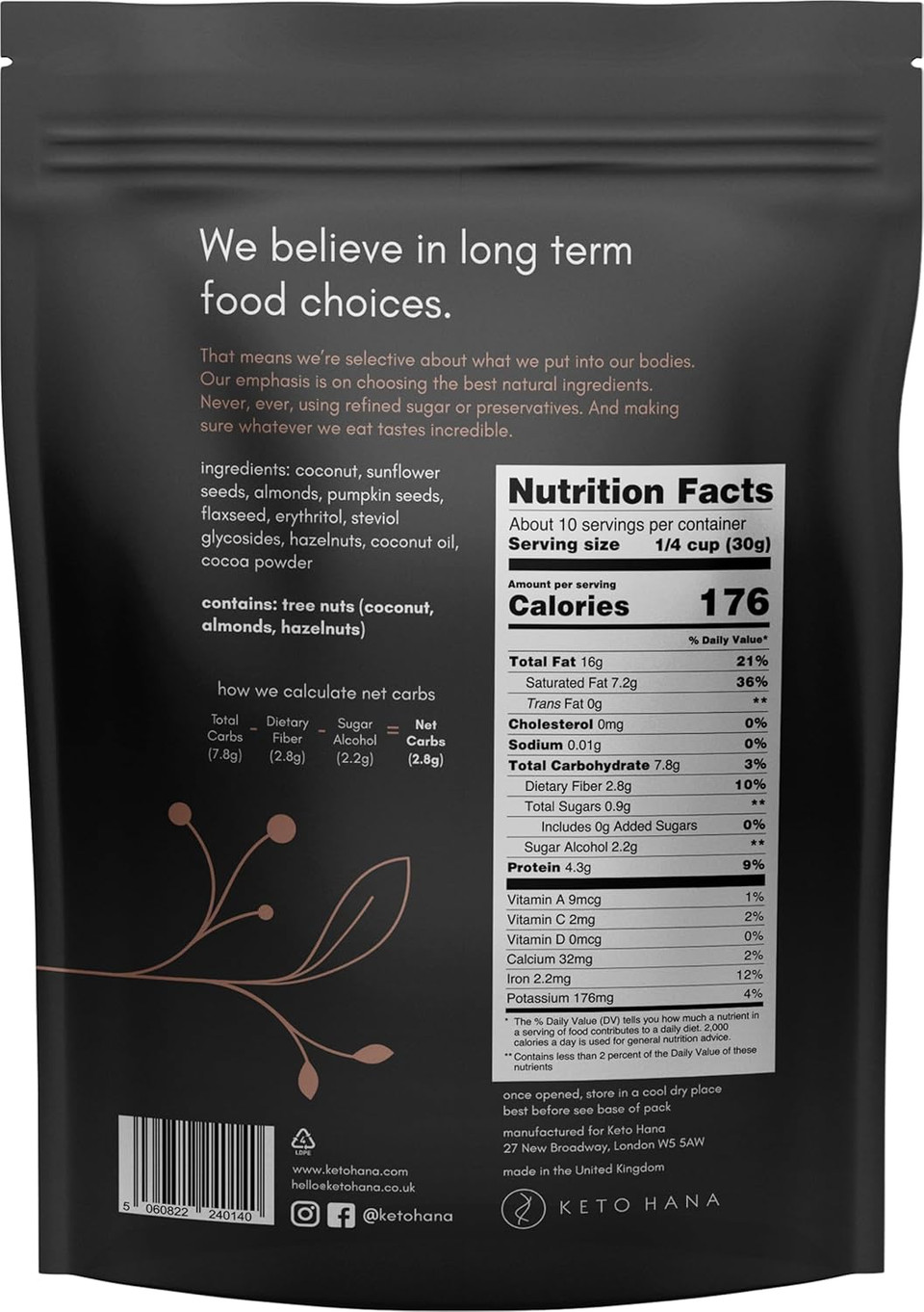 Keto Hana Keto Nut Granola (11Oz), Cocoa Flavored- Low Carb, Low Calorie, High Protein (2G Net Carbs)