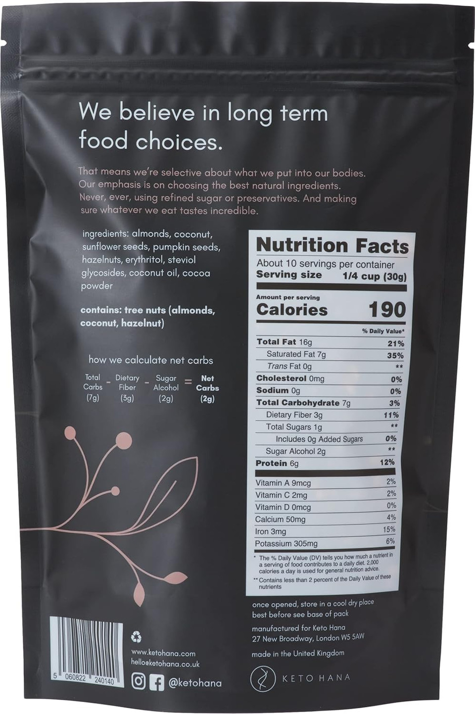 Keto Hana Keto Nut Granola (11Oz), Cocoa Flavored- Low Carb, Low Calorie, High Protein (2G Net Carbs)