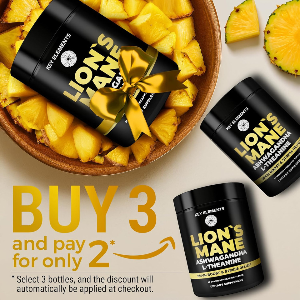 Key Elements High Strength Extract Organic Lion'S Mane Mushroom Gummies With Ashwagandha & L-Theanine - Potent Lion'S Mane Brain Supplements For Memory & Relaxation - Mushroom Gummies For Focus