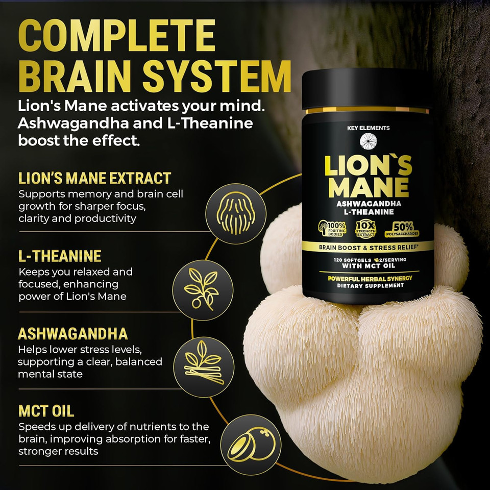 Key Elements Organic LionS Mane Mushroom Supplement With Mct Oil - LionS Mane For Brain Support & Relaxed Focus - LionS Mane Extract With Ashwagandha And L-Theanine - LionS Mane Capsules Softgels
