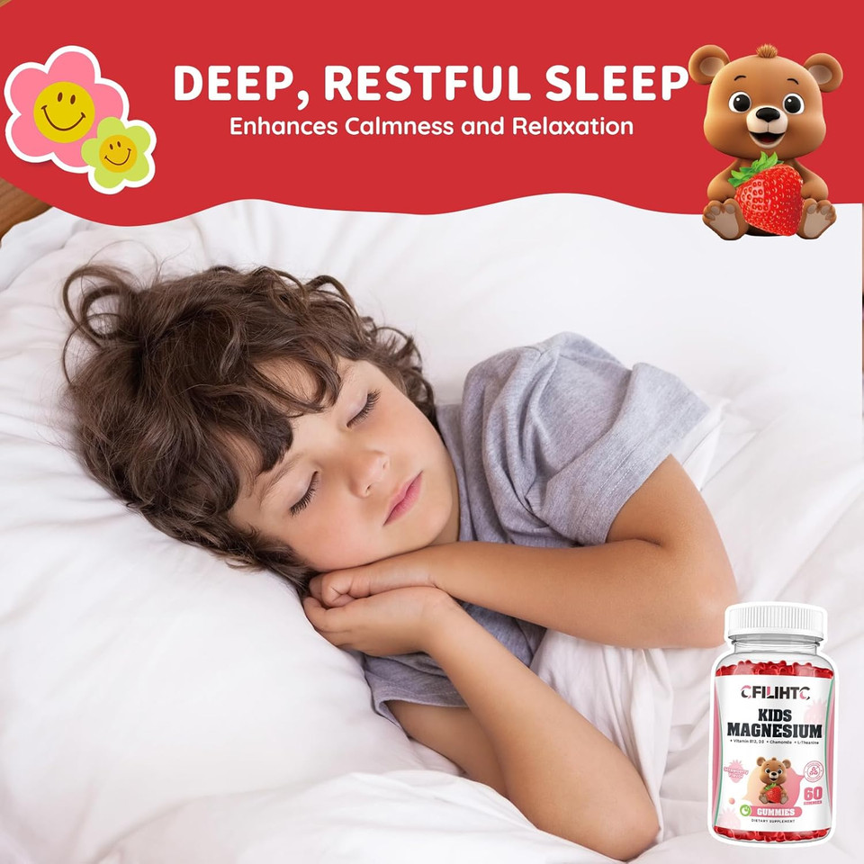 Kids Magnesium Glycinate Gummies, Magnesium For Kids & Adults With Citrate, Zinc, Vitamin D3, B12, L-Theanine Supplement For Sleep Bone & Muscle Mood, Strawberry, 60Ct