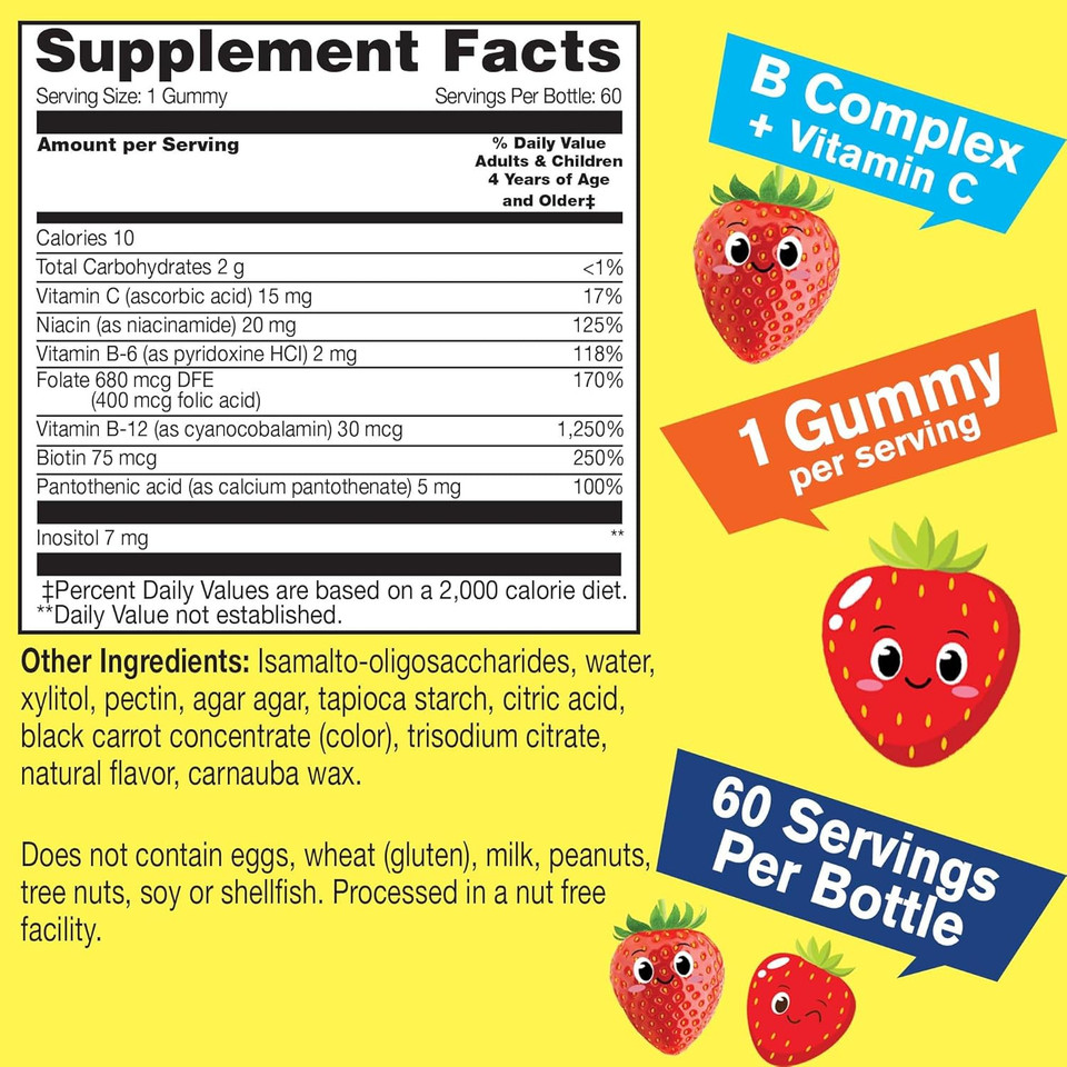 Kids Vitamin B Complex Sugar Free Gummies | With Vitamin C, Folic Acid | Immune And Energy Support | Strawberry Flavor | 60 Count