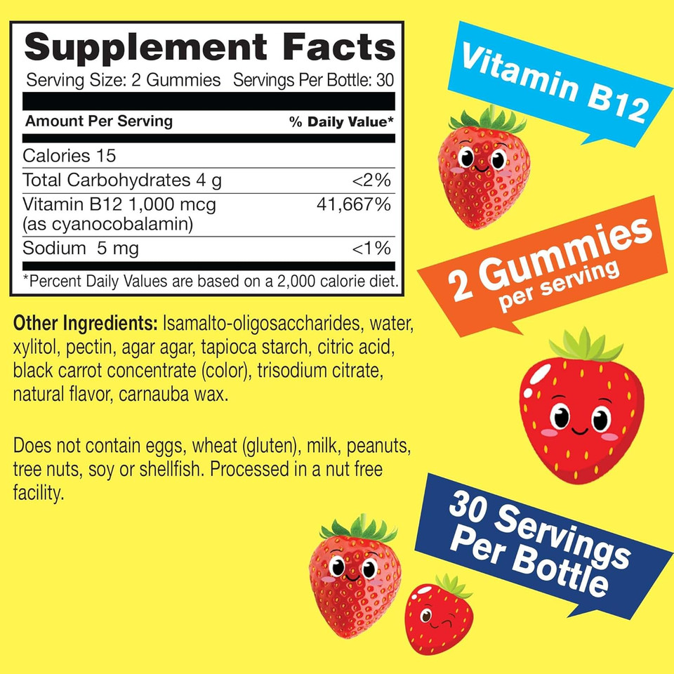 Kid'S Vitamin B12 1000Mcg Sugar Free Gummies | Dietary Supplement | For Energy And Metabolism Support | Strawberry Flavor | 60 Count