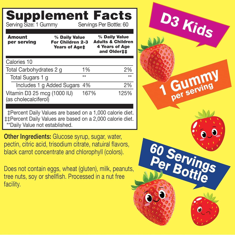 Kids Vitamin D3 Gummies - 1000 Iu (25 Mcg)- Supports Bone Strength And Immunity - Non-Gmo, Gluten-Free - Strawberry Flavor - Nutritional Supplement - 60 Servings