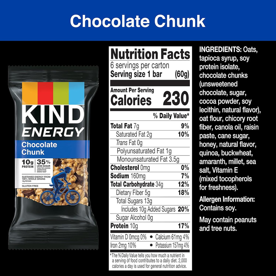 Kind Energy Bars, Chocolate Chunk, Healthy Snacks, Gluten Free, 10G Protein, 36 Count