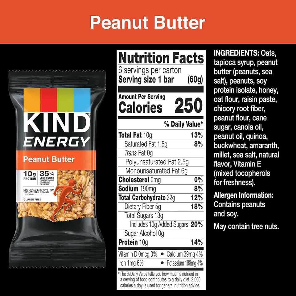 Kind Energy Bars, Peanut Butter, Healthy Snacks, Gluten Free, 10G Protein, 36 Count