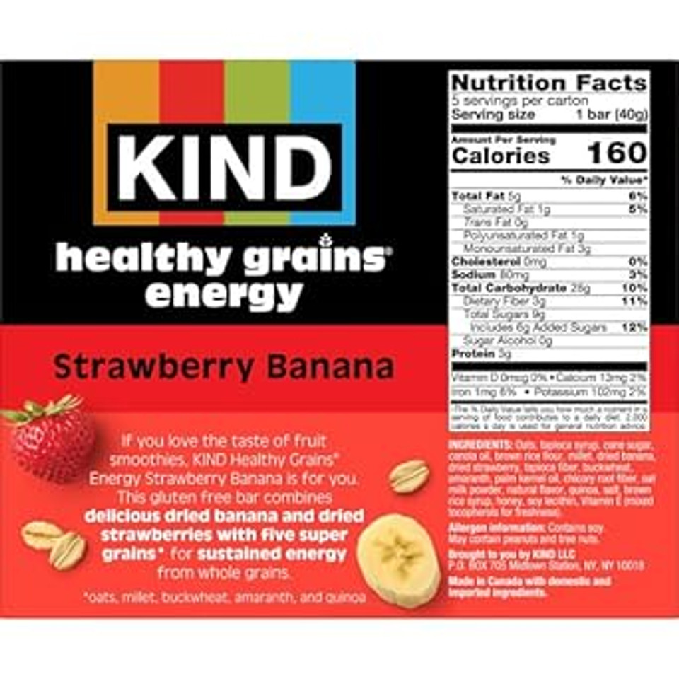 Kind Healthy Grains Energy Bars, Strawberry Banana, 19G Whole Grains, Made With Super Grains, Gluten Free Snacks, 5 Ct, 7.1Oz
