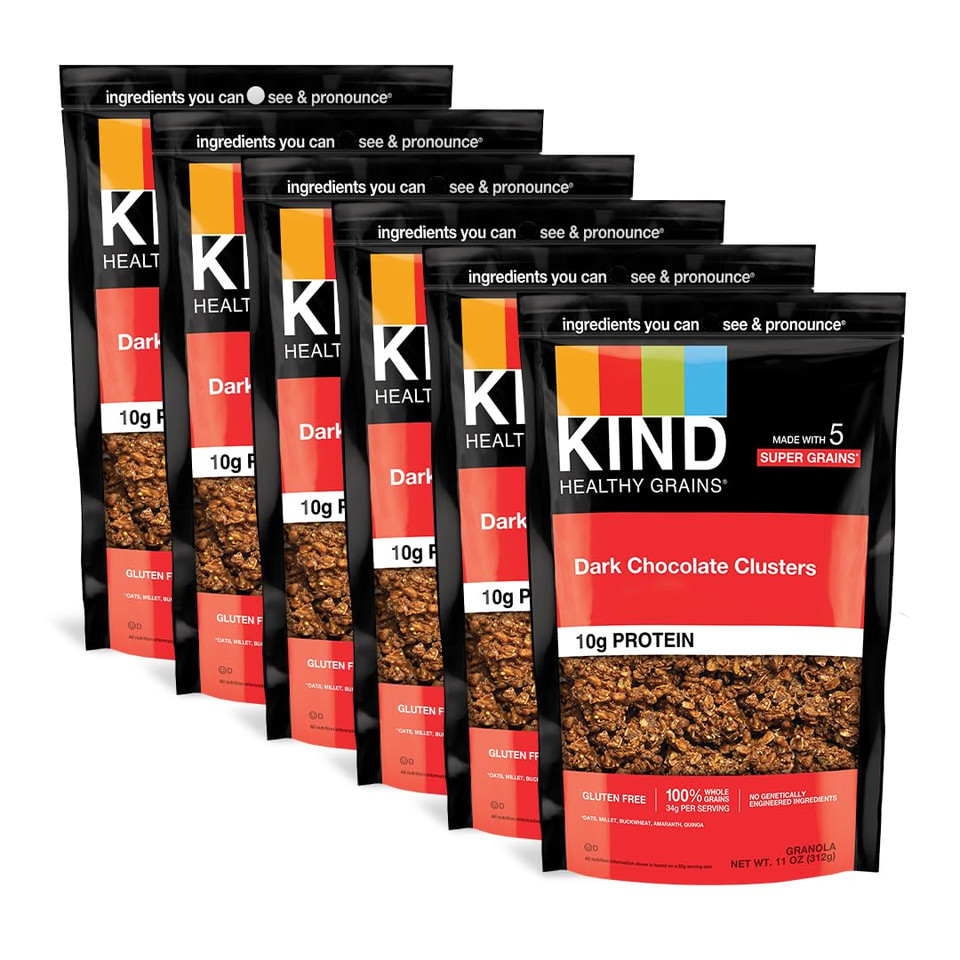 Kind Healthy Grains Granola, Dark Chocolate Clusters, Healthy Snacks, Gluten Free, 100% Whole Grains, 10G Protein, 11Oz, 6 Count