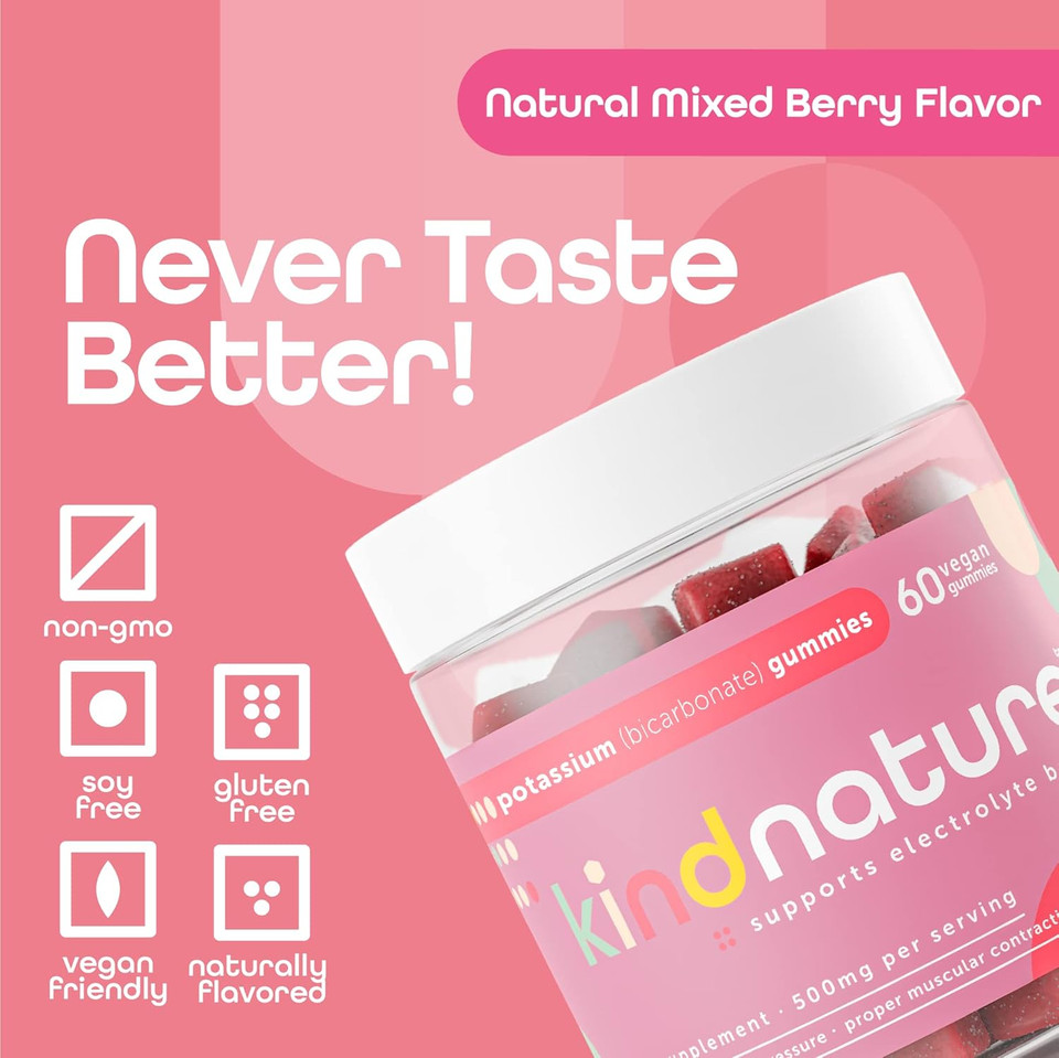 Kind Nature High Potassium Supplement Gummies 500Mg - Chewable For Adults & Kids - Pure Potassium Bicarbonate Mineral Supplement - Vegan, Gluten Free, Non Gmo - 60 Gummies (30 Day Supply)