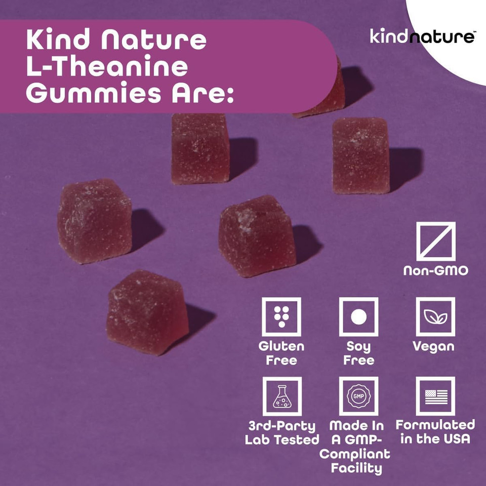 Kind Nature L-Theanine Gummies 200Mg  Vegan Calm & Focus Supplement For Adults & Kids Ages 4+  Mixed Berry Chewable, Low Sugar, Non-Drowsy
