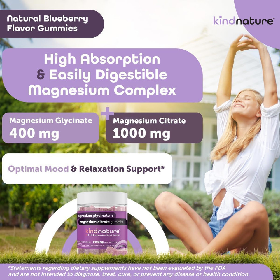 Kind Nature Magnesium Glycinate & Citrate Gummies  Calm Magnesium Complex For Sleep, Stress, Cramps & Digestion  Chewable Vegan Magnesium Supplement For Women, Teens, Adults  60 Ct