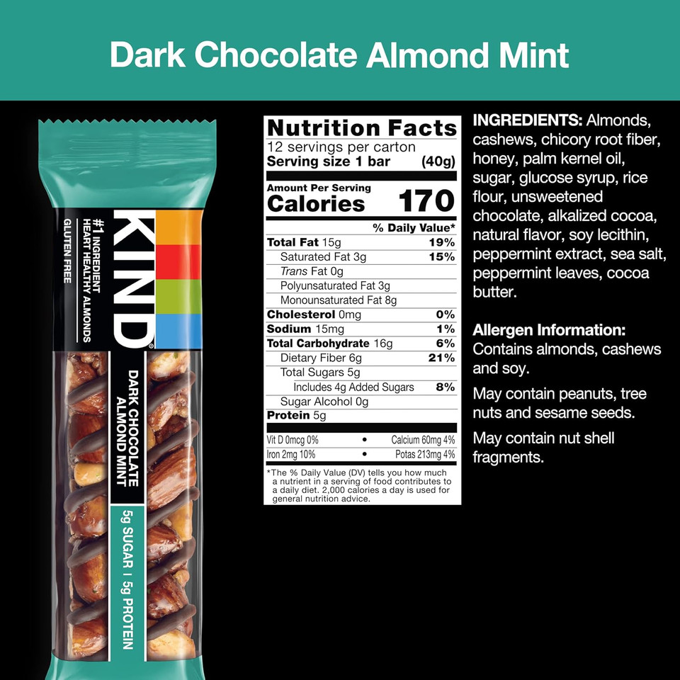 Kind Nut Bars, Dark Chocolate Mint, Healthy Snacks, Gluten Free, Low Sugar, 5G Protein, 12 Count