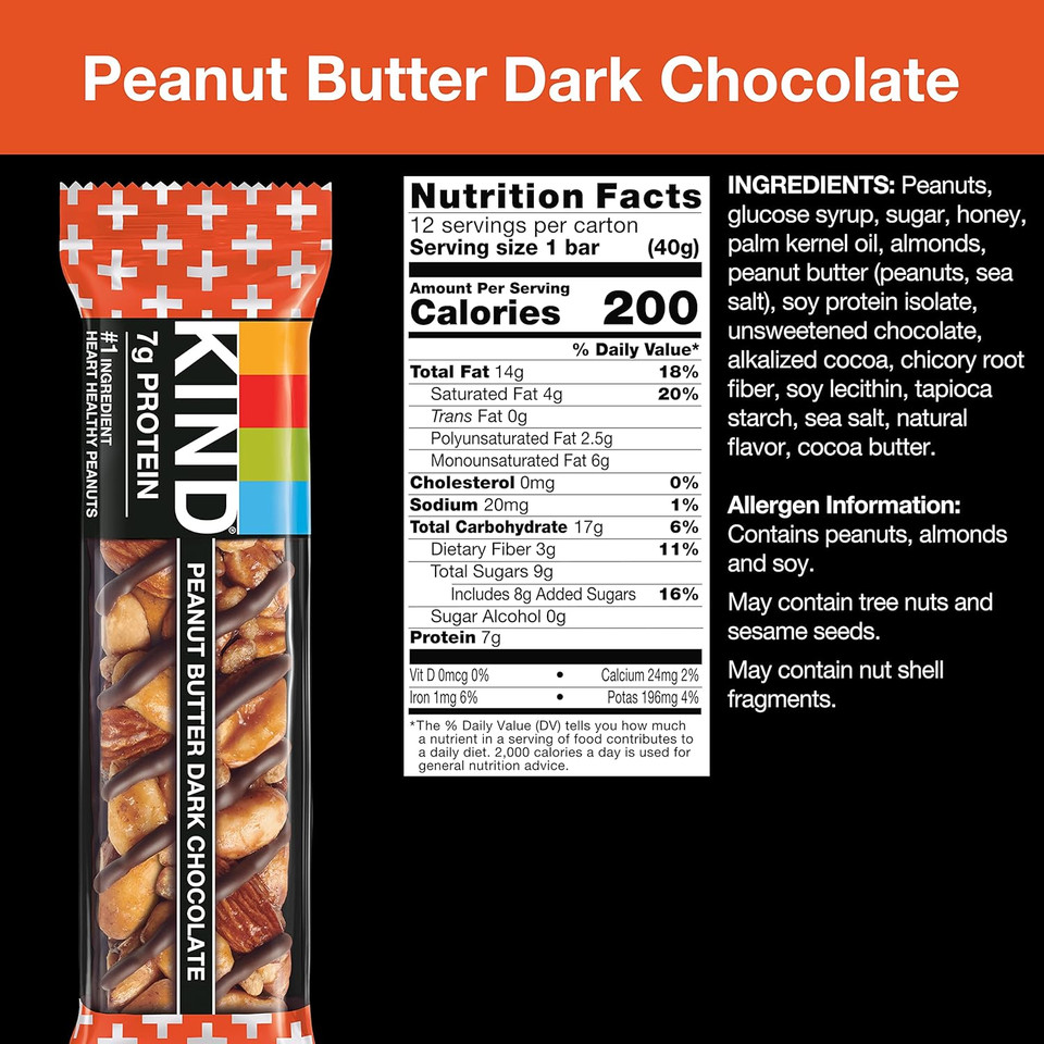 Kind Nut Bars, Dark Chocolate Nuts & Sea Salt, Peanut Butter Dark Chocolate, Gluten Free, Low Sugar, 6-7G Protein, 24 Count