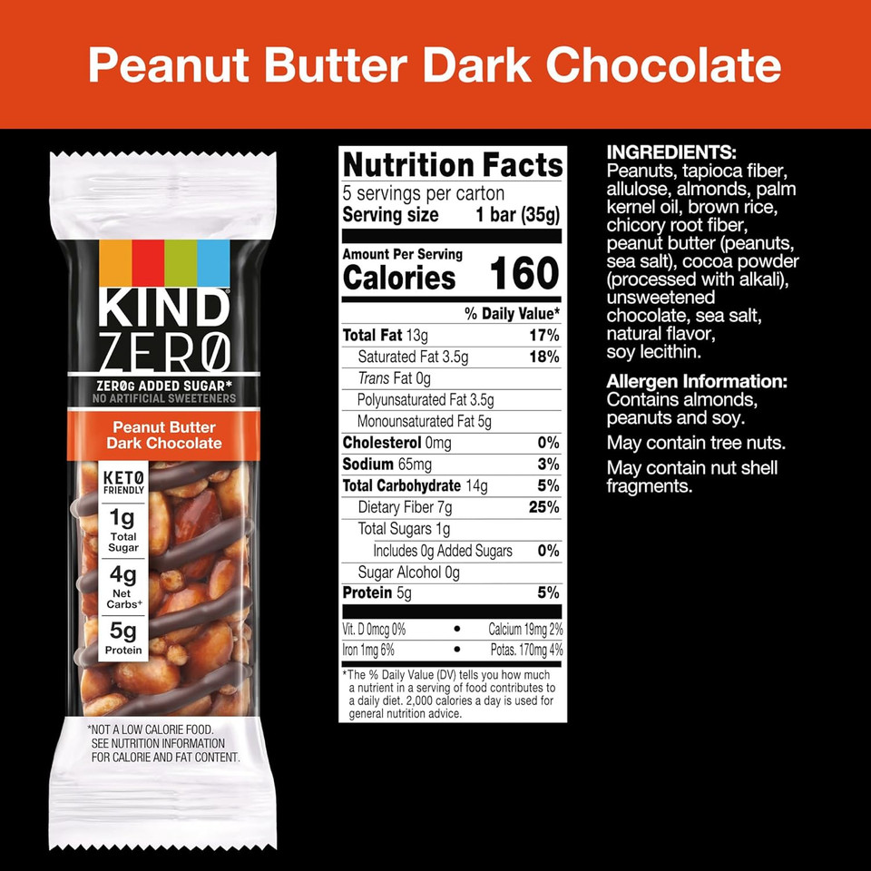 Kind Zero Added Sugar Bars, Keto Snack, Peanut Butter Dark Chocolate, Good Source Of Fiber, Gluten Free, Low Sugar, 5G Protein, 30 Count