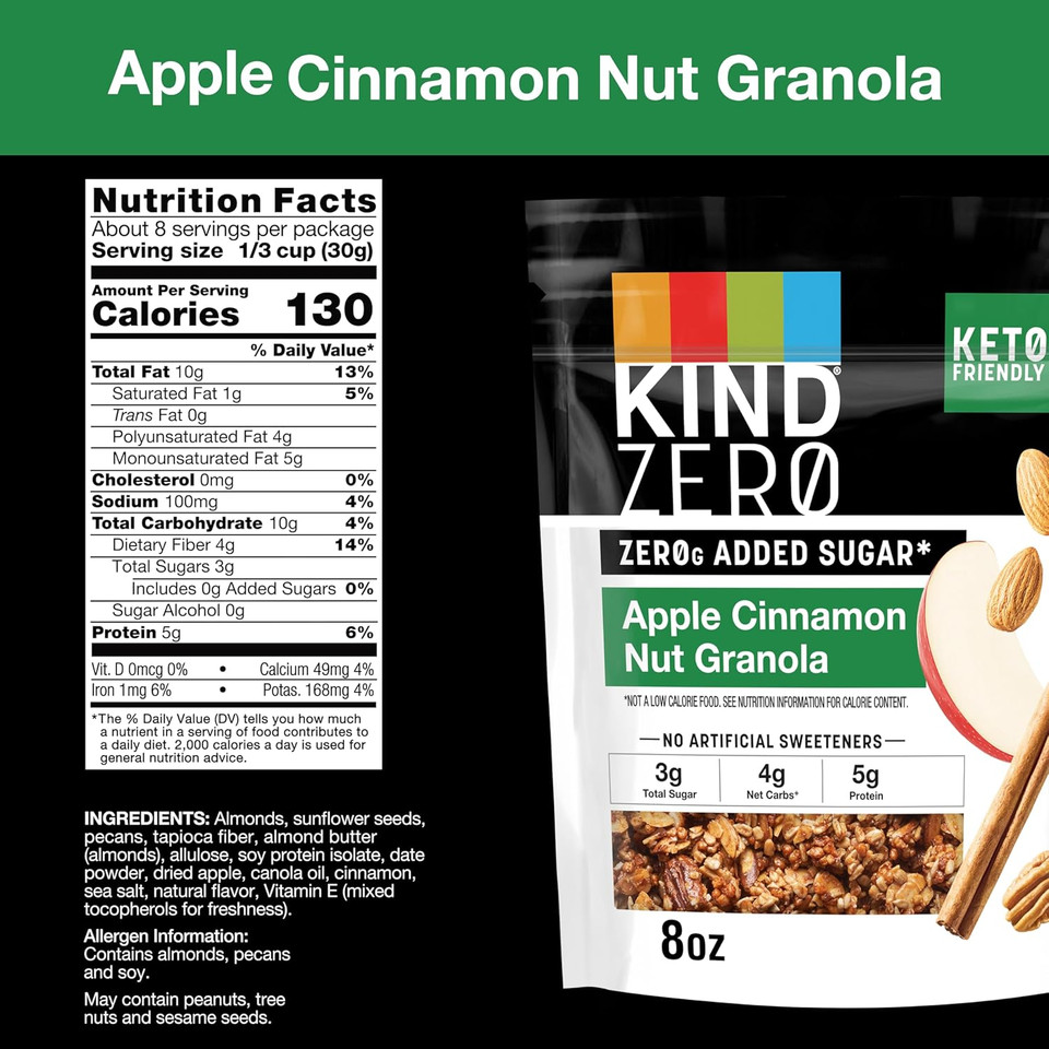 Kind Zero Added Sugar Keto Granola, Apple Cinnamon Nut, Good Source Of Fiber, Gluten Free, Low Sugar, 5G Protein, 1 Count