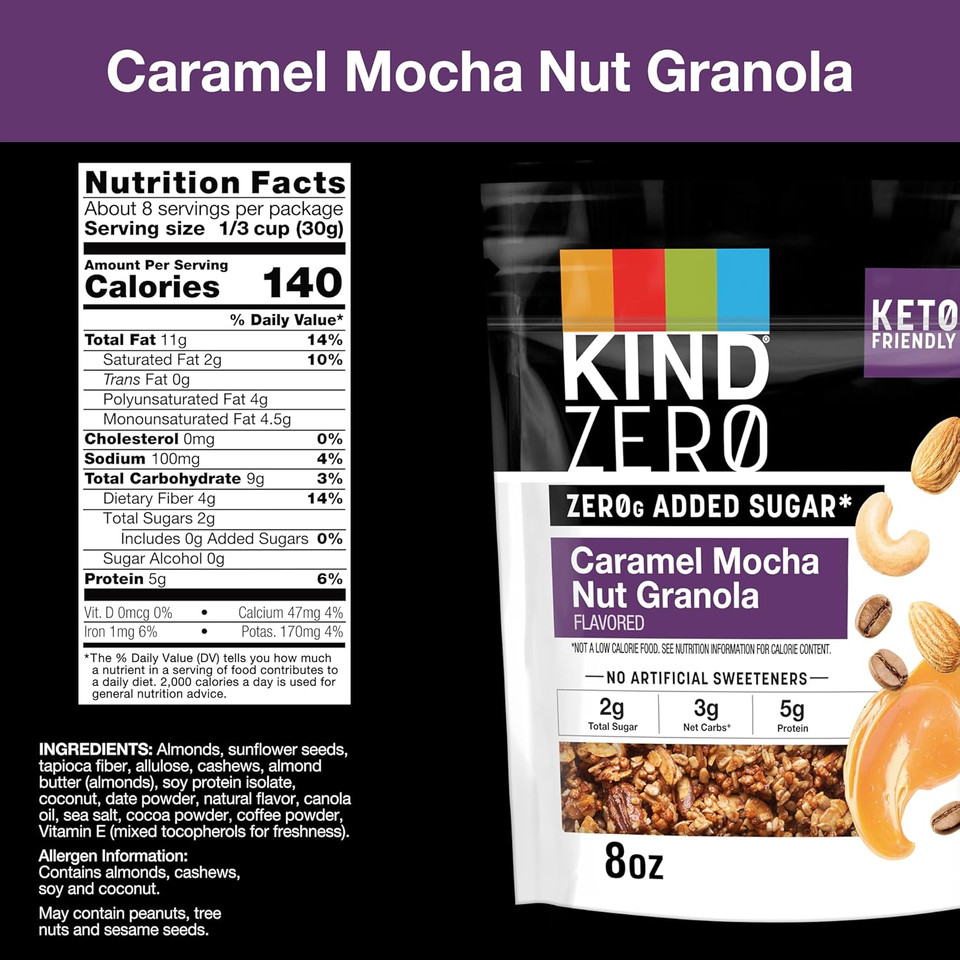 Kind Zero Added Sugar Keto Granola, Caramel Mocha Nut, Good Source Of Fiber, Gluten Free, Low Sugar, 5G Protein, 1 Count