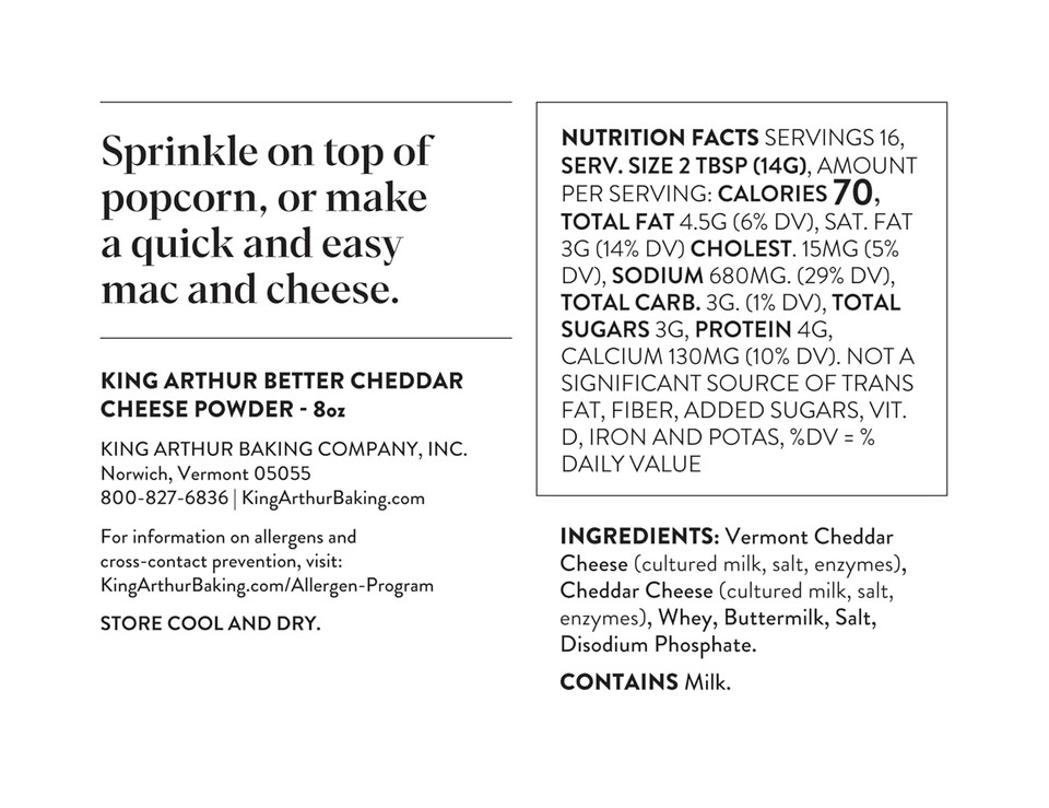 King Arthur Better Cheddar Cheese Powder: Premium Sharp Cheddar Flavor For Popcorn, Pasta, And More - Versatile Cooking Ingredient In 8 Oz Reusable Jar - Elevate Your Dishes With Rich, Authentic Taste