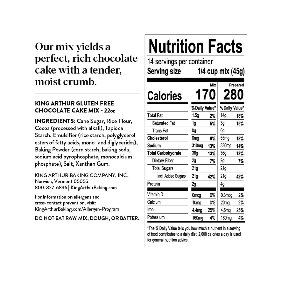 King Arthur Gluten Free Chocolate Cake Mix: Rich, Moist, And Delicious Dessert For Birthdays And Special Occasions - Non-Gmo, Kosher, Non-Dairy Baking Mix (22 Oz)