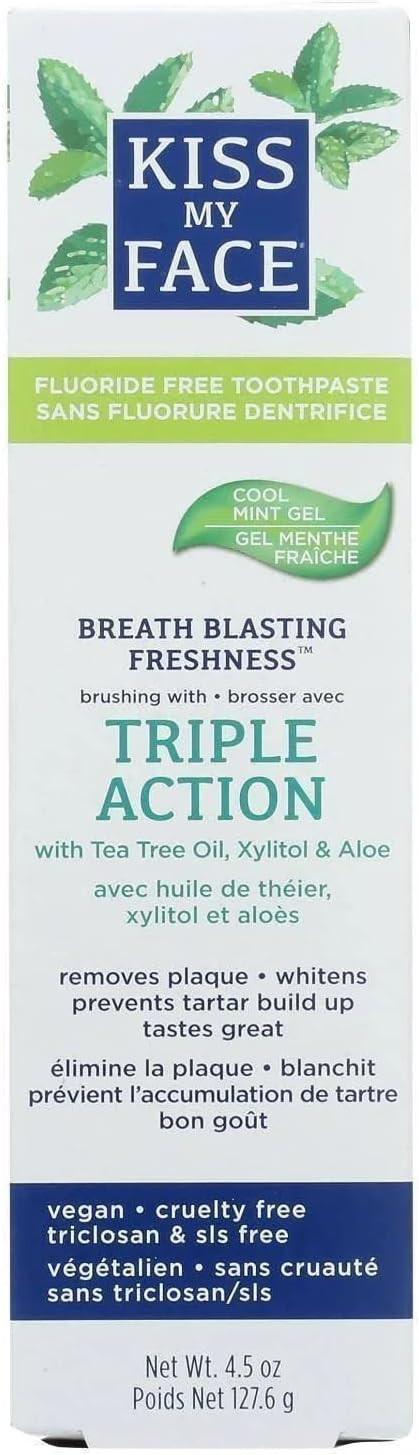 Kiss My Face Triple Action Herbal Mint Gel Toothpaste, Sls And Fluoride Free, Removes Plaque, Prevents Tartar, And Whitens Teeth, With Added Tea Tree Oil, No Artificial Colors Or Flavors, 4.5 Oz
