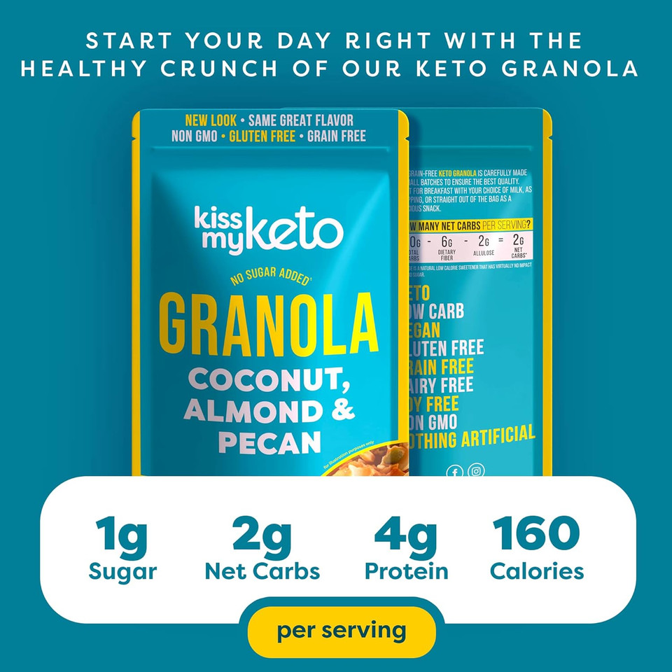 Kiss My Keto Granola Cereal  Coconut Almond Pecan Keto Granola Low Carb Cereal (2G-Net) Low Sugar Granola (1G)  Grain Free Granola Keto Cereal, Gluten Free Granola  Keto Nut Granola For Yogurt