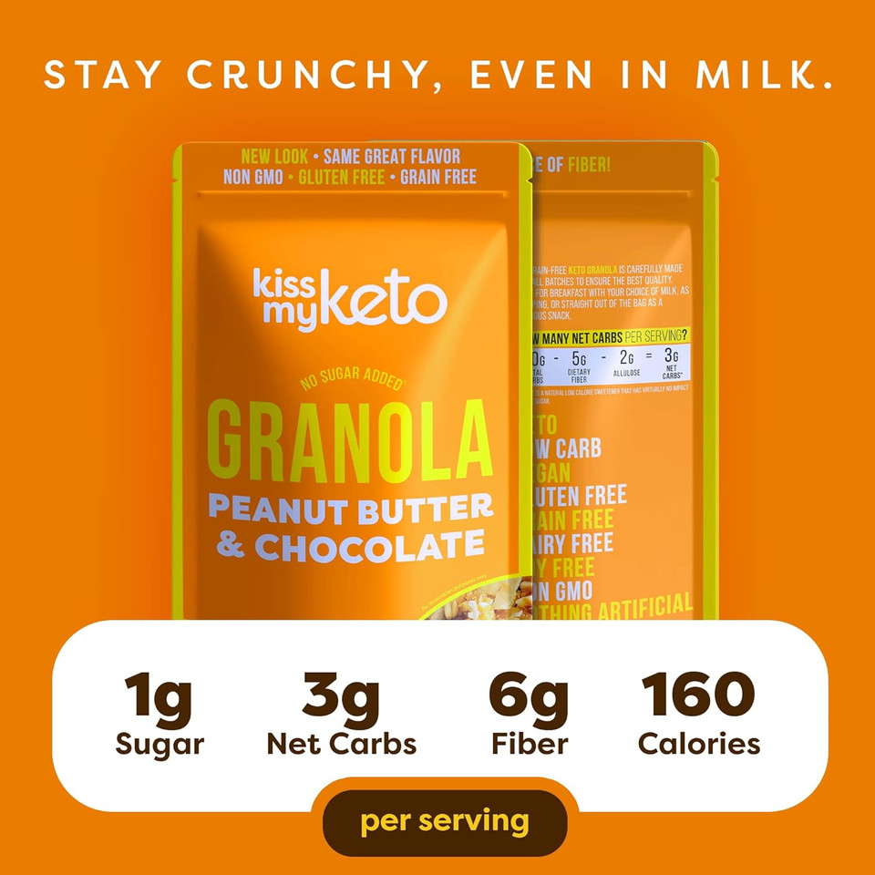 Kiss My Keto Granola Cereal  Peanut Butter Chocolate Keto Granola Low Carb Cereal (2G-Net) Low Sugar Granola (1G)  Grain Free Granola Keto Cereal, Gluten Free Granola  Keto Nut Granola For Yogurt