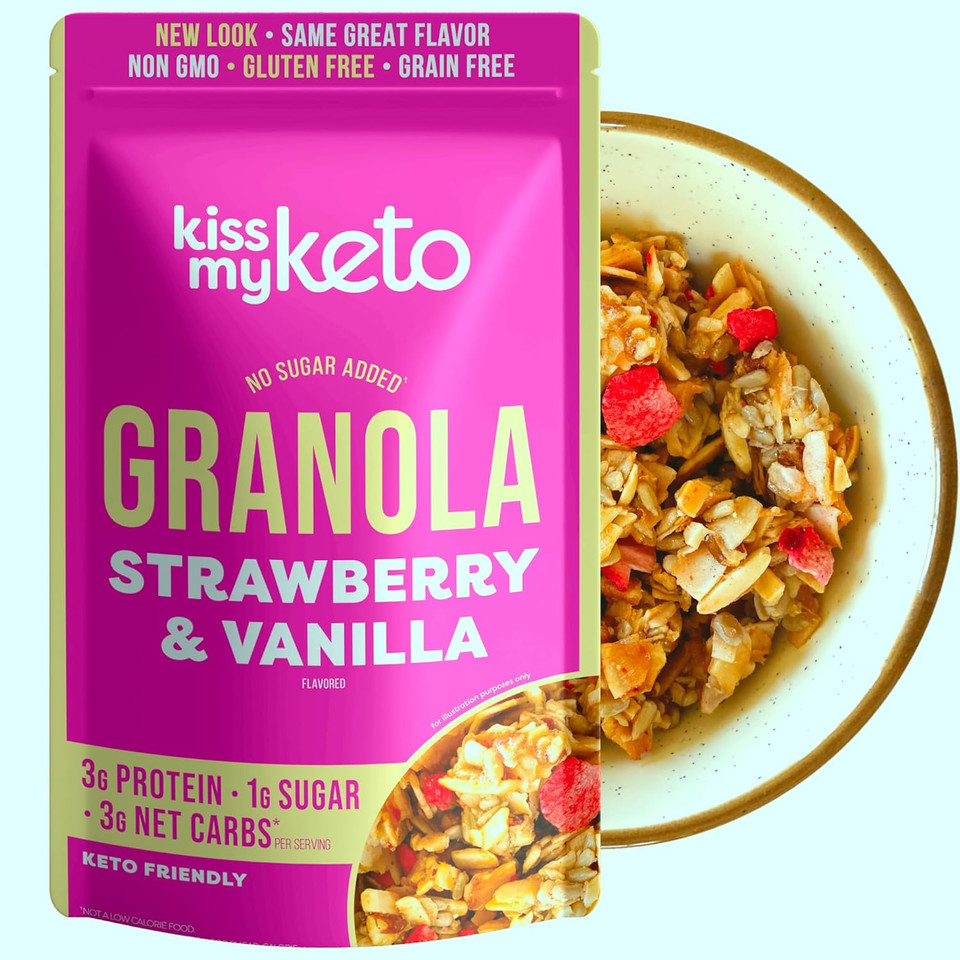 Kiss My Keto Granola Cereal  Strawberry Vanilla Keto Granola Low Carb Cereal (2G-Net) Low Sugar Granola (1G)  Grain Free Granola Keto Cereal, Gluten Free Granola  Keto Nut Granola For Yogurt
