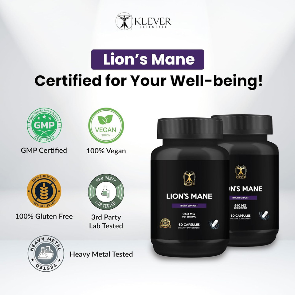 Klever Lifestyle | Lion'S Mane Mushroom Supplement | Memory/Focus Enhancer | 60 Capsules | 940Mg Per Serving