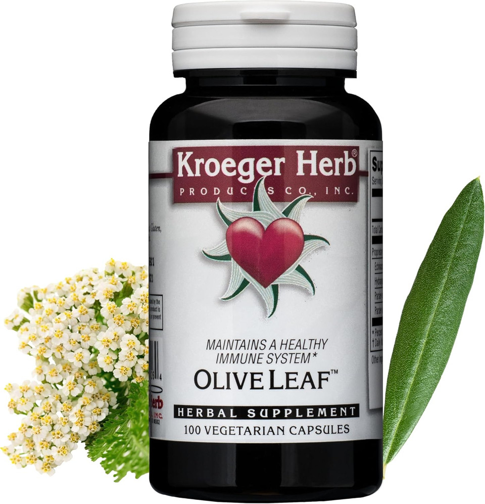 Kroeger Herbs, Olive Leaf Extract Capsules For Immune System, Olive Leaf & Yarrow Supplement, Vegetarian, Non-Gmo, Gluten Free, No Preservatives - 100 Capsules, Made In Usa