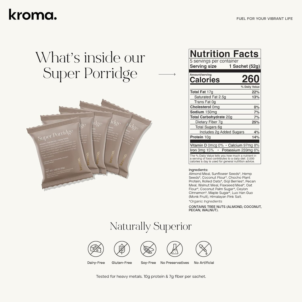 Kroma Super Porridge, Gluten Free, Chocho Plant Protein, Vegan Superfood Breakfast Cereal With Hemp Seeds, Cinnamon, Oats, Coconut, Healthy Fiber, And Other Organic Ingredients, 5 Packets