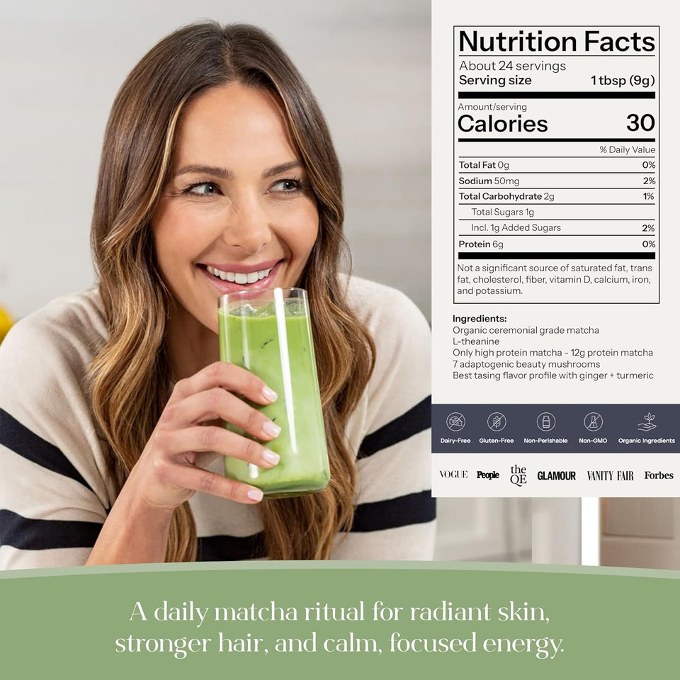 KromaS Beauty Matcha Latte Powder 0.60 Oz, 17G  Collagen Matcha Green Tea With Protein For Glowing Skin & Hair Support W/ Bovine Collagen, Ginger & Turmeric - Premium Matcha Powder W/ Adaptogenic Mushrooms