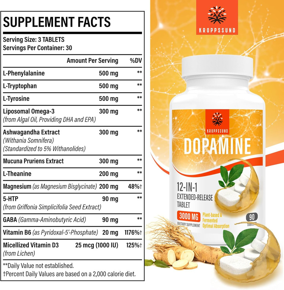 Kroppssund Natural Dopamine Supplement - 90 Tablets (1 Bottle)