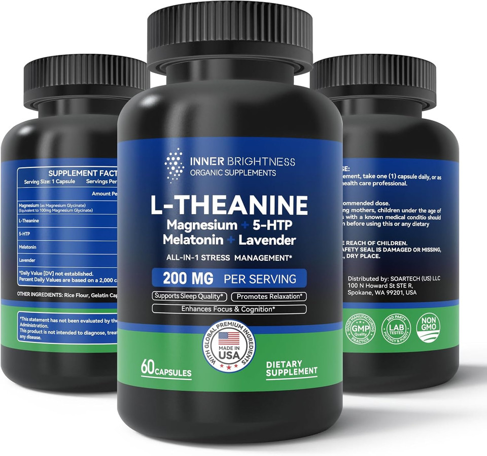 L Theanine 200Mg, Magnesium, 5-Htp & Melatonin  All-In-1 L-Theanine Supplement For Stress Relief, Focus & Cognition, Sleep - 60 Capsules